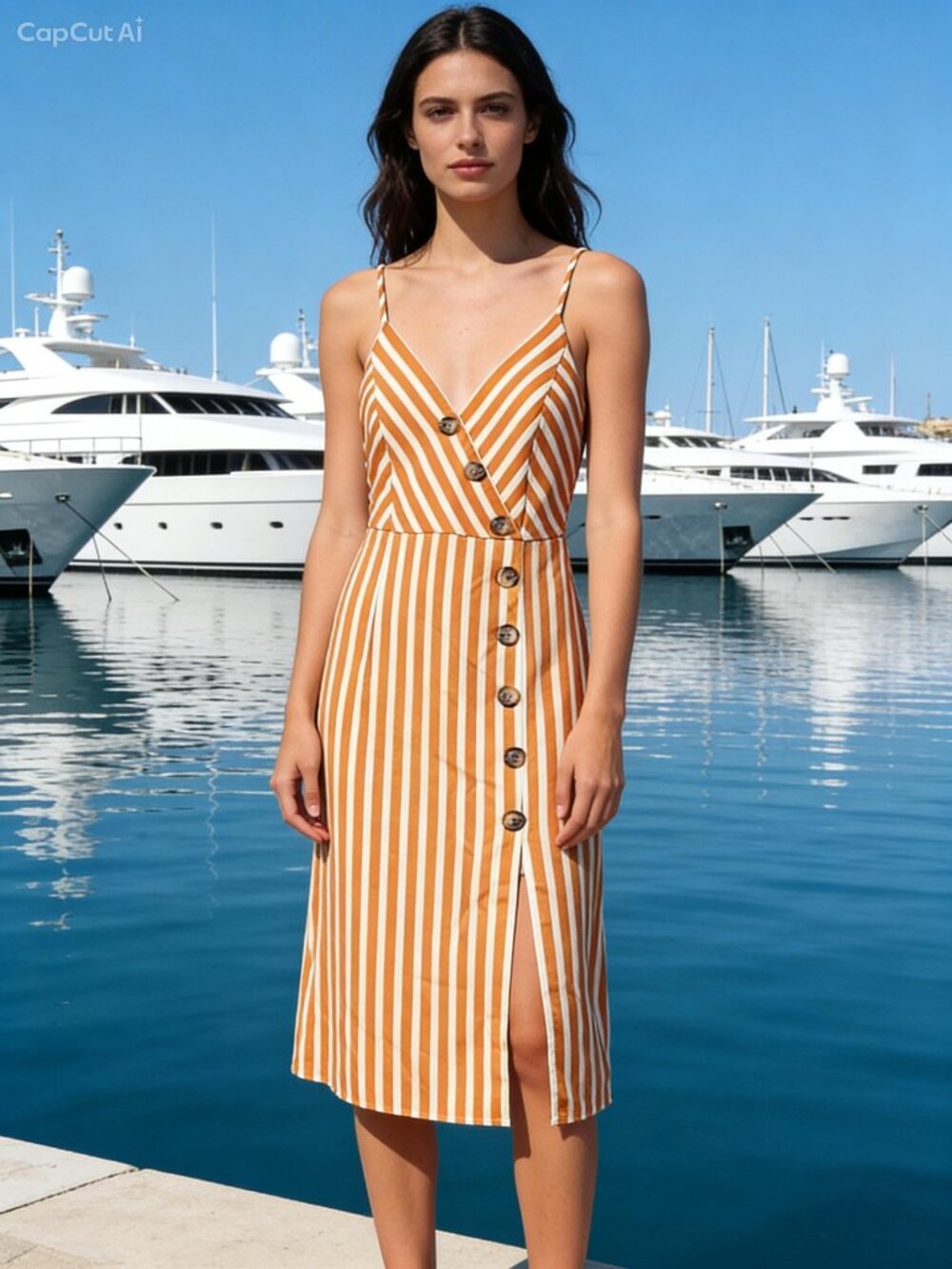 FOTEISY Dress Beige White Striped Dress Tie Back Spaghetti Straps SMALL